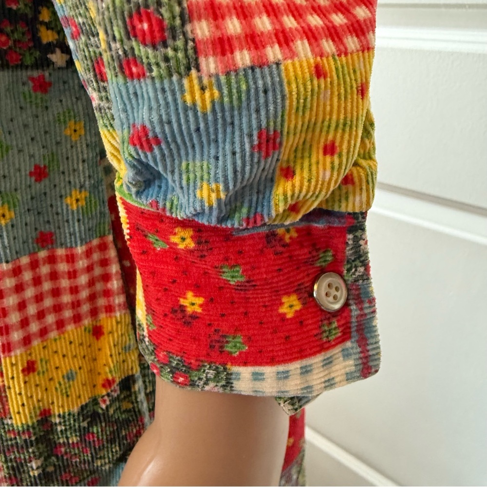 VINTAGE 60s 70s Colorful Patchwork Corduroy Snap Front Housecoat Robe M L hippie - Picture 12 of 14